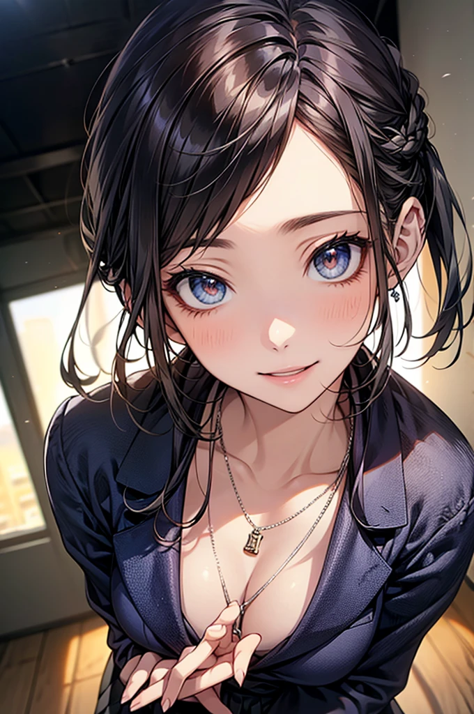 ((Biologically correct limb count))、(( Full-body photo including face))、4K、((Standing position))、masterpiece、((Focus on the face))、((Symmetrical facial features))、Eye for detailed depiction、Beautiful blue-haired woman、Excellent style、Beautiful clavicle、Beautiful feet、Beautiful Hands、Slender body、(blazer、skirt、Black Stockings、garter belt、High heels)、Facial detailing、Small earrings、necklace、tie、Looking at the cityscape in the morning、(Low - Angle、下からskirtの中を撮影するカメラアングル)、(((Black Hair、Silver Hair)))、((A big smile)))、((Face forward and stick your chin out))、Close-up photo of the upper body、