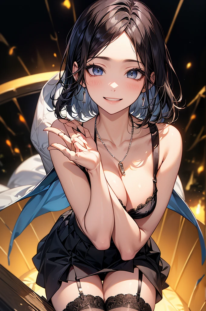 ((Biologically correct limb count))、(( Full-body photo including face))、4K、((Standing position))、masterpiece、((Focus on the face))、((Symmetrical facial features))、Eye for detailed depiction、Beautiful blue-haired woman、Excellent style、Beautiful clavicle、Beautiful feet、Beautiful Hands、Slender body、(blazer、skirt、Black Stockings、garter belt、High heels)、Facial detailing、Small earrings、necklace、tie、Looking at the cityscape in the morning、(Low - Angle、下からskirtの中を撮影するカメラアングル)、(((Black Hair、Silver Hair)))、((A big smile)))、((Face forward and stick your chin out))、Close-up photo of the upper body、