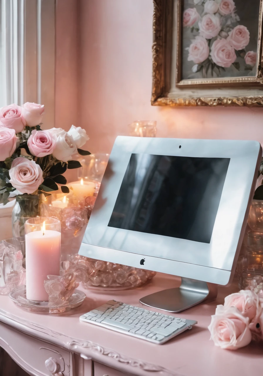 high quality,Official Art,A stylish computer,sweets,Instagram style,On the table,Fashionable Cafe,Candles,pale pink,Grayish pale pink,Sense of luxury,Postcard style,Shabby chic,Transparency,