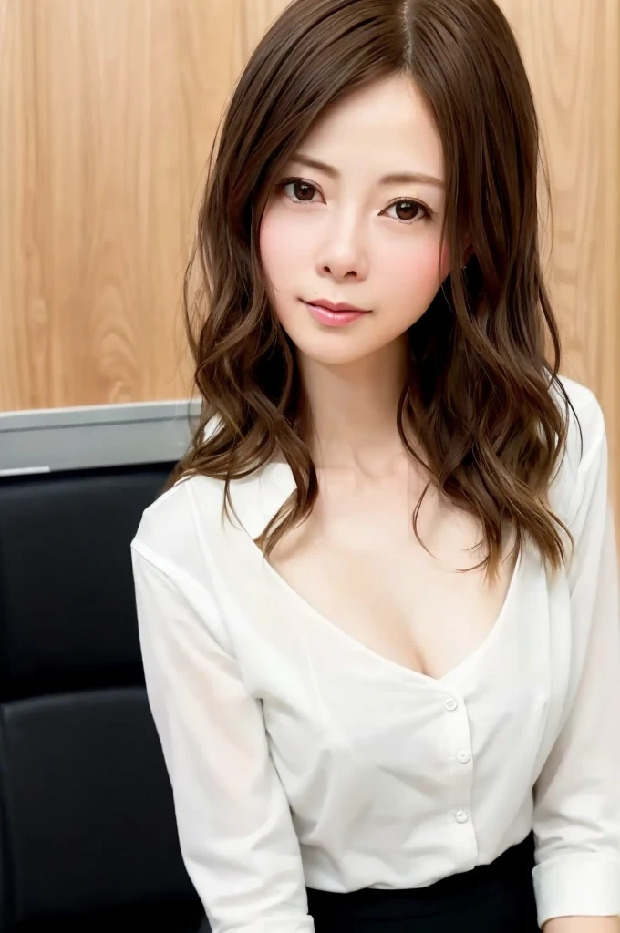 From one girl, young woman, Upper Body, (View your audience:1.3),(Office work background), 30-year-old woman,company employee,work,Natural skin color, (Mouth closed:1.2), (Center of chest), Floating Hair, Beautiful expression, 顔のdetailed, detailed, masterpiece, Highest quality, Realistic, Ultra-realistic, 非常にdetailed, Perfect lighting, Written boundary depth, Shadow, High resolution, 