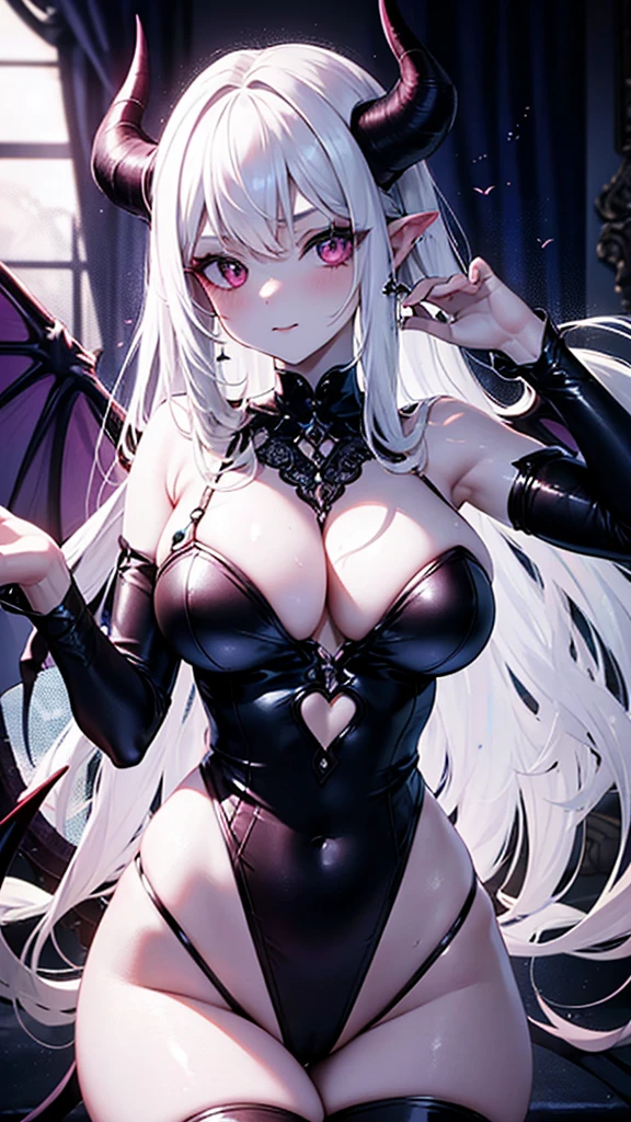 (masterpiece,best quality,ultra-detailed),1girl,evil,horns,demon girl,(succubus),delicate:1.2, beautiful, mystical, surreal, lovecraftian,(seductive),white skin, white hair,voluptuous body,