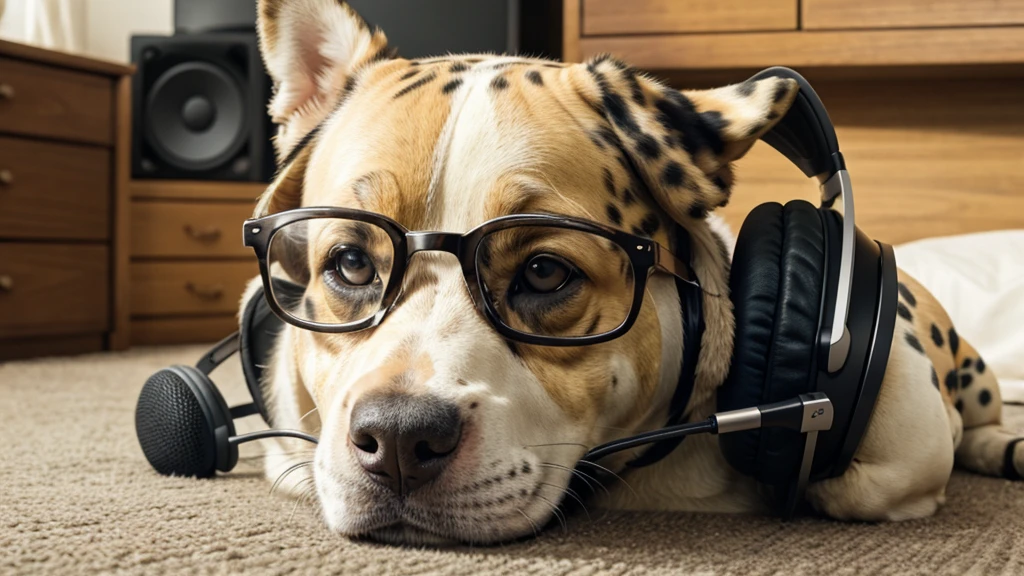 A spotted dog wears glasses and headphones and listens to music
