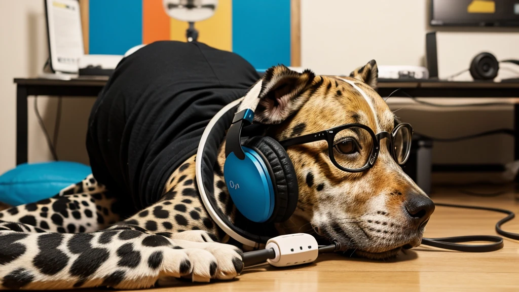 A spotted dog wears glasses and headphones and listens to music