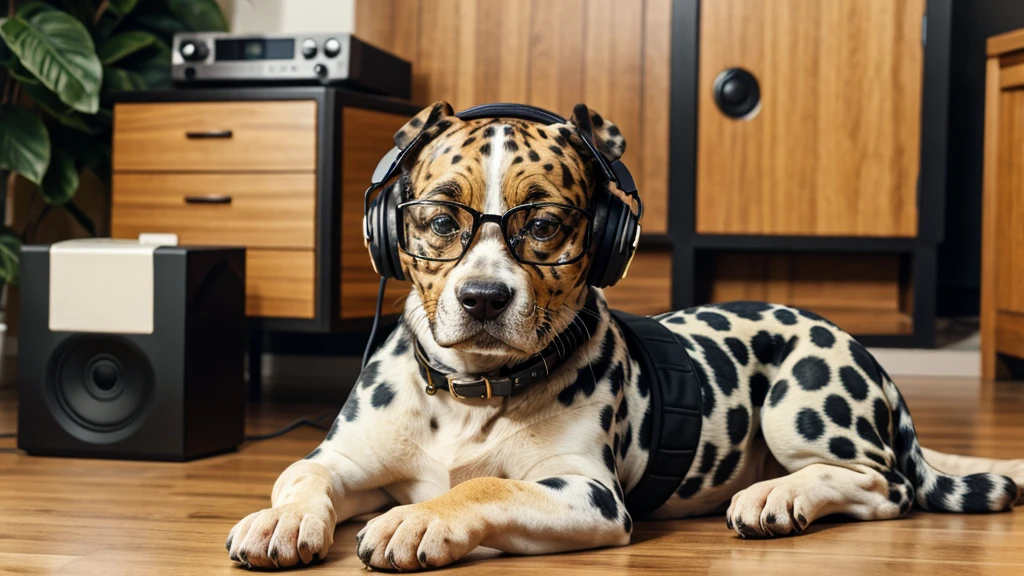 A spotted dog wears glasses and headphones and listens to music