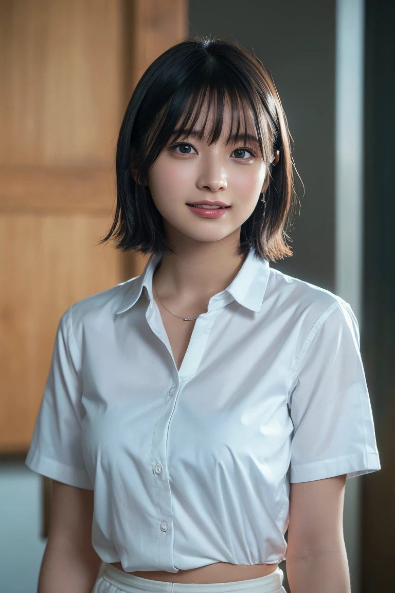 (8K, Raw photo, Highest quality, masterpiece:1.2), (Realistic, Photorealistic:1.37), Ultra-detailed, Ultra-high resolution, 1 girl, Seeing the viewer, Beautifully detailed face, Laughter, narrow, (Slim waist) :1.3), shortcut, Beautifully detailed skin, Skin texture, Dark hair, Short hair, Bob, Professional Lighting, (White shirt), Human whole body