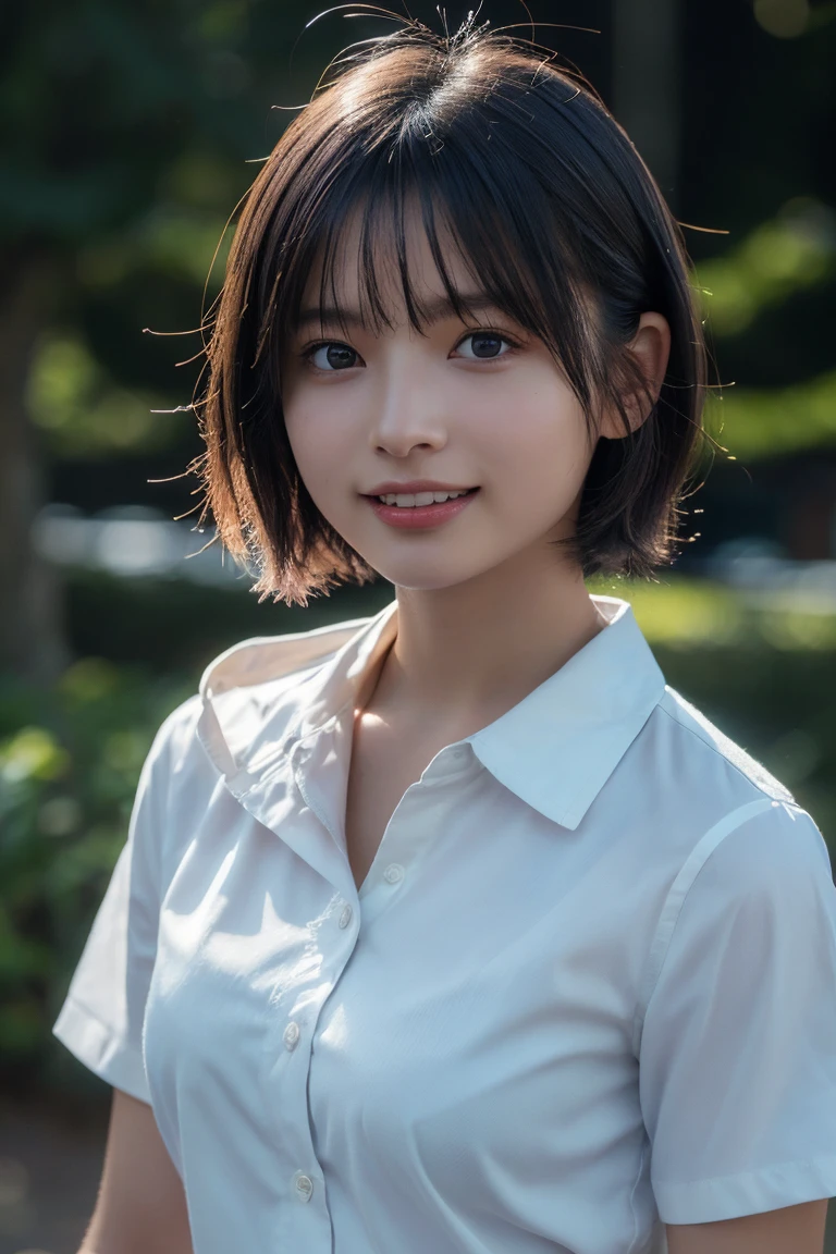 (8K, Raw photo, Highest quality, masterpiece:1.2), (Realistic, Photorealistic:1.37), Ultra-detailed, Ultra-high resolution, 1 girl, Seeing the viewer, Beautifully detailed face, Laughter, narrow, (Slim waist) :1.3), shortcut, Beautifully detailed skin, Skin texture, Dark hair, Short hair, Bob, Professional Lighting, (White shirt), Human whole body