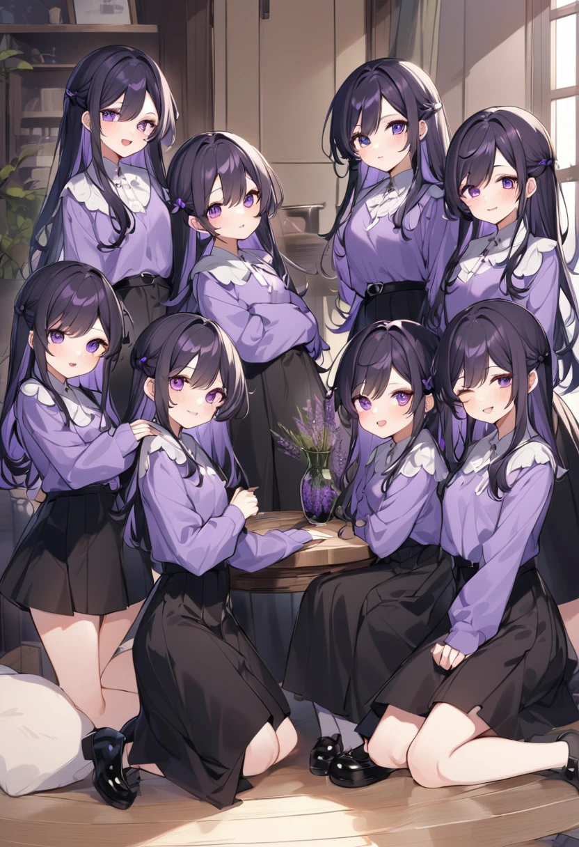 Keito。Purple hoodie。Black Skirt。Purple Eyes。Black Hair。Black shoes下。Black shoes。6 sistery eldest daughter has lavender hair.。all female。Sextuplets