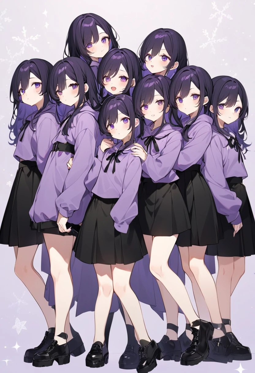 Keito。Purple hoodie。Black Skirt。Purple Eyes。Black Hair。Black shoes下。Black shoes。6 sistery eldest daughter has lavender hair.。all female。Sextuplets