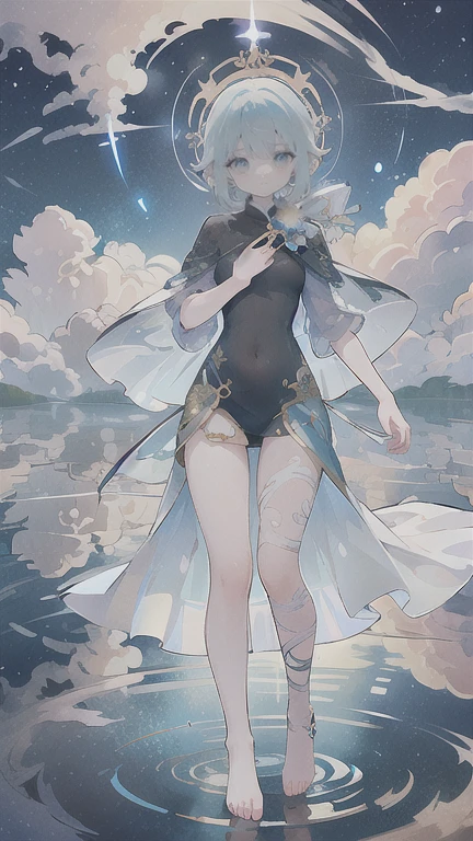 ((work of art, best qualityer)), 精致的面容,Kizi,all-body,Standing photo,perfect body proportions,gorgeous eyes,FantasyStyle,extremely pretty,transparentes,clouds,water ripples,transparentes,fun、May,lace,star decoration