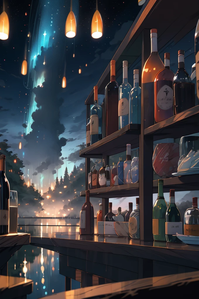 masterpiece, Highest quality, Bottle, Fantasy, bar, Cityscape, Wide Shot, City lights, night null, star \(null\), starry null, (bar in the null:1.2), Blurred, (misty lake:1.3),