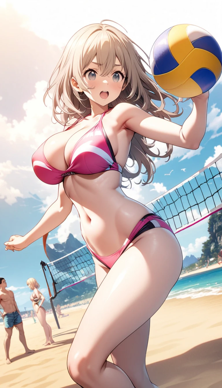 Beach Volleyball,Busty girl,High Saturation,CG Art, Makoto Shinkai's photo, pure, Concept Art, Lofi Art style,Shinkai Makoto animation art style, Lofi Art, Beautiful anime scene, Anime Landscape, Detailed scenery, Makoto Shinkai's style, Makoto Shinkai's style, Enhance Details