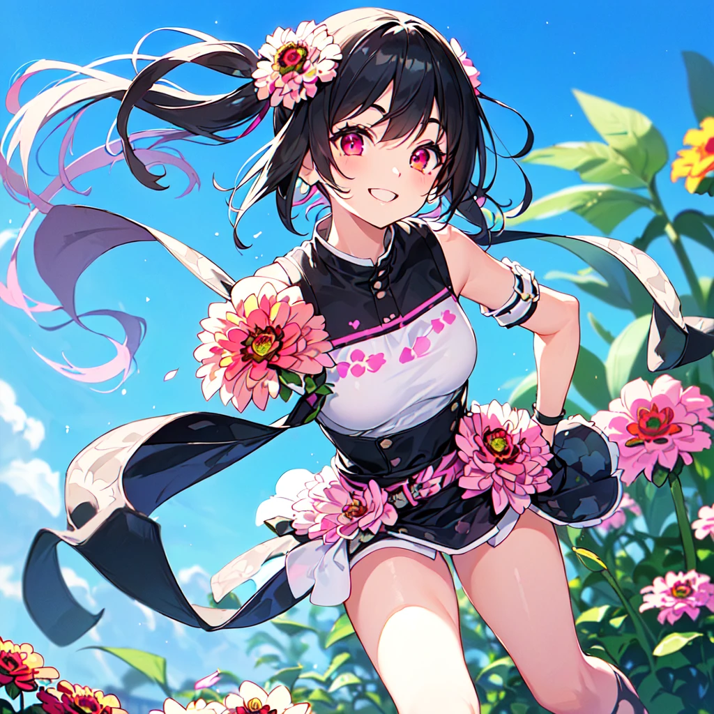 masterpiece, best quality, high quality, extremely detailed, very delicate and beautiful, (1 female 18 years old solo:1.5), (long black hair up to waist with two side up:1.5), bangs to eyebrows, eyes (eyes sharp, strong, glossy, glossy eyebrows, (eye color magenta:1.3), 6.5 head height, (zinnia flower print summer fashion:1.3), knee socks, lace, frills, (smiling), (running:1.3), (smiling), (dynamic pose), (background zinnia flower field:1.3), (blue sky:1.3), (upper body:1.3)