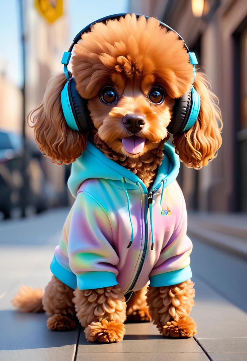 Cute brown cavalier poodle with fluffy fur wearing urban clothes, A hoodie and headphones, The background is modern and inorganic, Adorable digital painting, 3D Rendering, Bright lighting, Vibrant colors,  It&#39;s raining outside