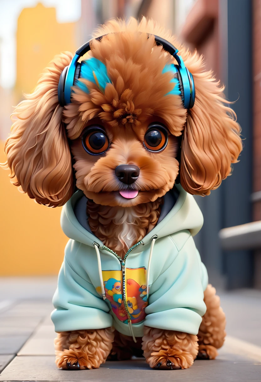 Cute brown cavalier poodle with fluffy fur wearing urban clothes, A hoodie and headphones, The background is modern and inorganic, Adorable digital painting, 3D Rendering, Bright lighting, Vibrant colors,  It&#39;s raining outside