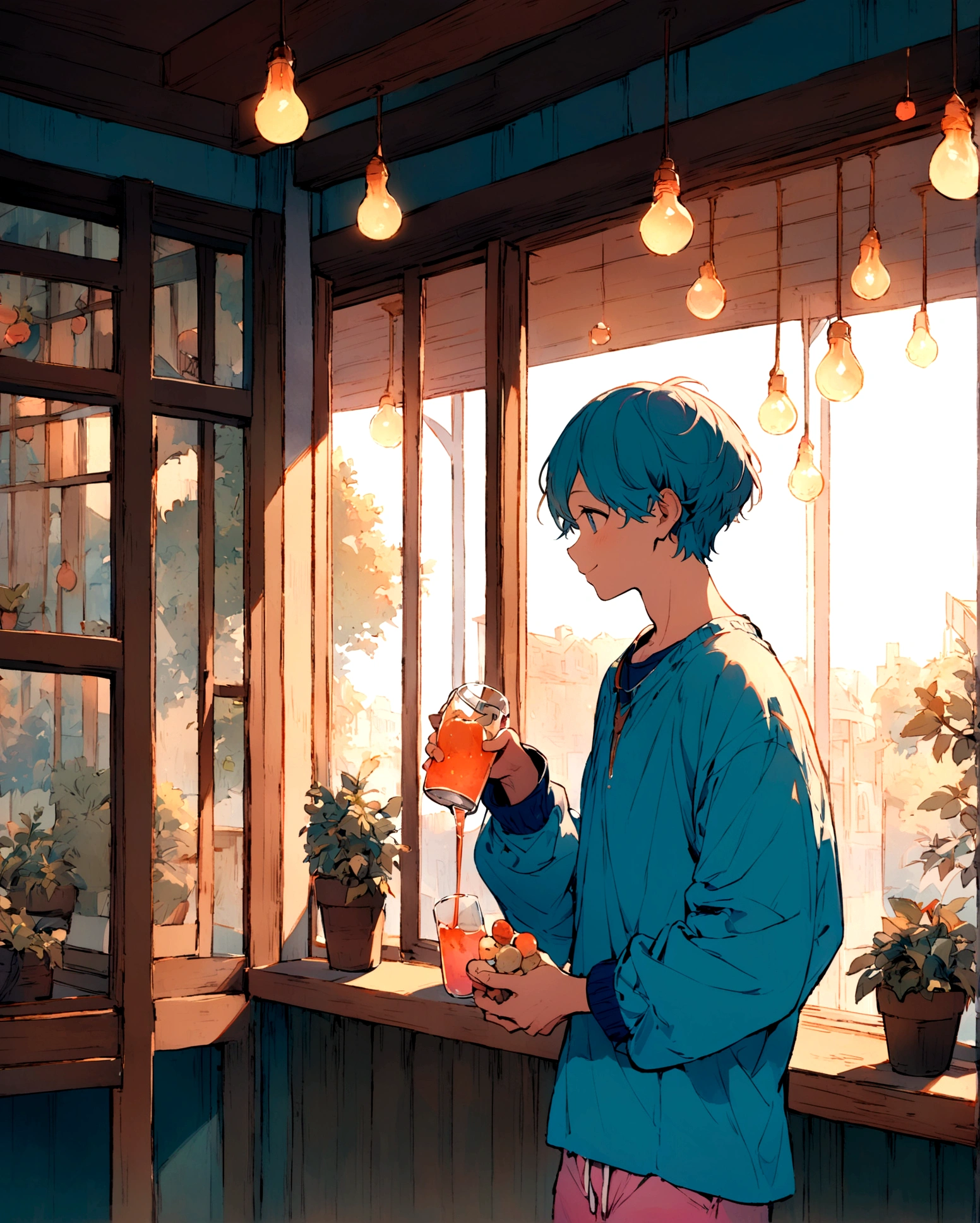 "A detailed digital illustration of a young boy with a short haircut and a warm smile, standing inside a cozy cafe. He is holding a drink in one hand, wearing a casual outfit that includes a loose, long-sleeved blue shirt and illustration solid pink blue solid colored shorts. The cafe has large windows, allowing natural light to pour in, and there are warm light bulbs hanging from the ceiling. The background includes soft, pastel colors and gentle outlines of trees and buildings outside the window, creating a peaceful and inviting atmosphere."