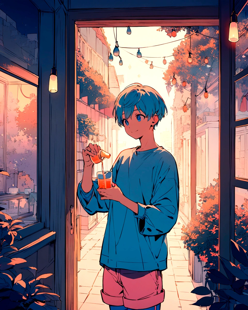 "A detailed digital illustration of a young boy with a short haircut and a warm smile, standing inside a cozy cafe. He is holding a drink in one hand, wearing a casual outfit that includes a loose, long-sleeved blue shirt and illustration solid pink blue solid colored shorts. The cafe has large windows, allowing natural light to pour in, and there are warm light bulbs hanging from the ceiling. The background includes soft, pastel colors and gentle outlines of trees and buildings outside the window, creating a peaceful and inviting atmosphere."