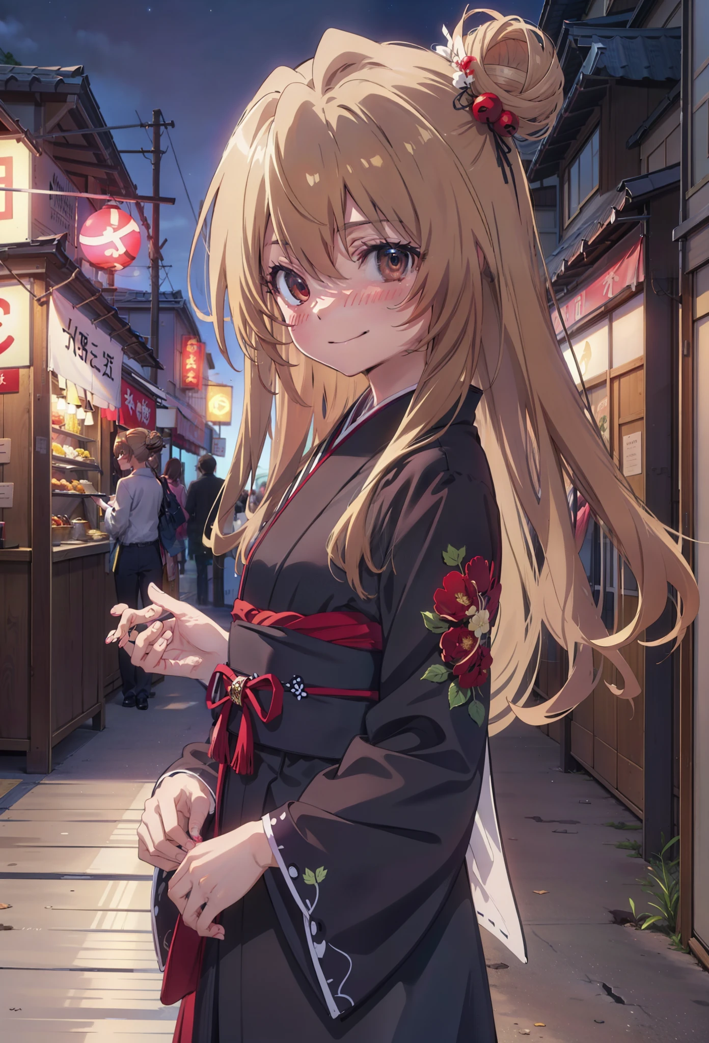 taiga aisaka, taiga aisaka, Long Hair, Brown Hair, Brown eyes,happy smile, smile, Close your mouth,Hair Bun, single  Hair Bun,hair ornaments,Black kimono,Thick sleeves,,Japanese Festivals,Summer festival food stalls,Red lantern,night,As if your whole body is in the illustration,Walking,　　　　　　　　　　　　　　　  break looking at viewer, Upper Body (Cowboy Shot:1. 5),  　　　　　
break outdoors, Area,
break (masterpiece:1.2), Highest quality, High resolution, unity 8k wallpaper, (shape:0.8), (Beautiful attention to detail:1.6), Highly detailed face, Perfect lighting, Highly detailed CG, (Perfect hands, Perfect ???????),