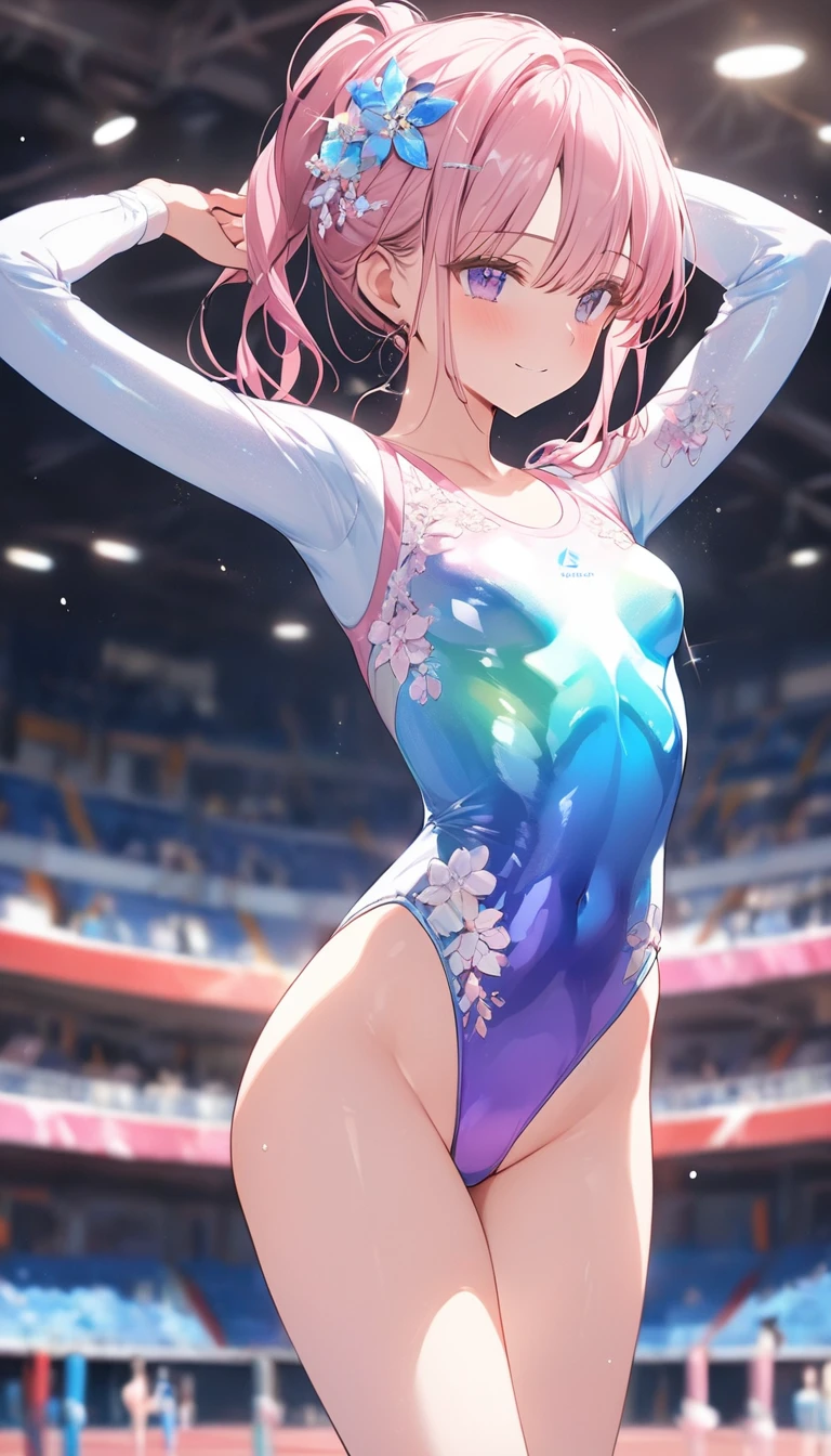 highquality illustration, masterpiece, very delicate and beautiful, attractive girl,(gymnastics leotard, Floral patterns leotard,long sleeve leotard with glittery decoration,high_leg leotard,athletic leotard,tight-fit leotard,iridescent gradient leotard,long-sleeve leotard),thin,slender body,slim,high school,gymnasium background,gymnastics club,gymnastics athlete,princess, beautiful eyes,light smile,(masterpiece, best quality:1.2), highres, extremely detailed CG unity 8k wallpaper, perfect lighting, Colourful, ultra-high res,4K,ultra-detailed, photography, 8K, HDR, 17 ages, full body,