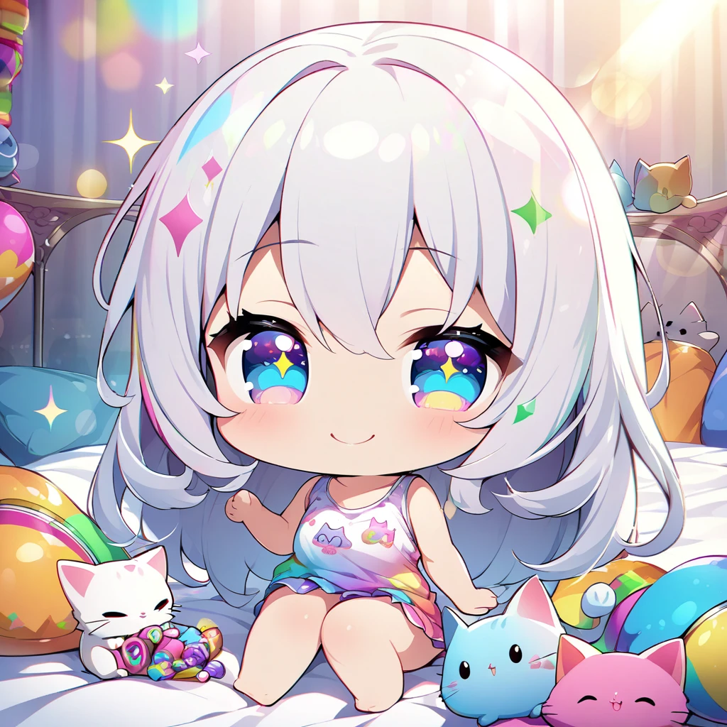 masterpiece, best quality, 4k、2D illustration、one beautiful girl、solo、(((chibi style)))、((vivid colors))、cute chibi、lovely chibi、long beautiful hair, glossy light silver hair, hair between eyes, cute、beautifully detailed eyes、((tank top))、((miniskirt))、((colorful))、((happy smile))、sitting on bed、((full body shot))、((kitten)), ((lots of colorful stuff around))、((bed))、sparkle、((lens flare))、