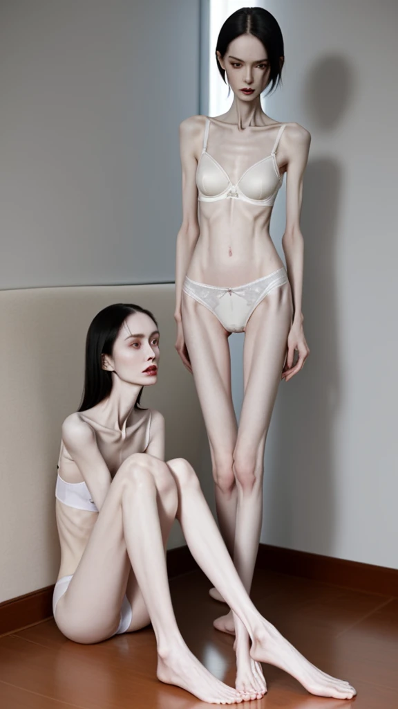 a woman, very thin body, body visible bones, very slender,sweaty weat body, pale white skin, panties, bra,tatto, full body, has a mental break down , sit a room