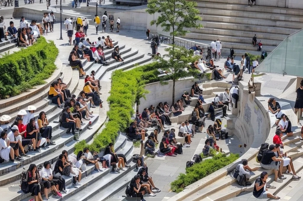 People sitting on the steps of a building with many stairs, Some people sit, Public places, people watching around, very attractive, very busy place, A lot of people, People eating outside, Hot photo, ❤🔥🍄🌪, Hot ，, sit on the floor, university student, afternoon hangout, Photo taken in 2 0 2 0, Hot artwork