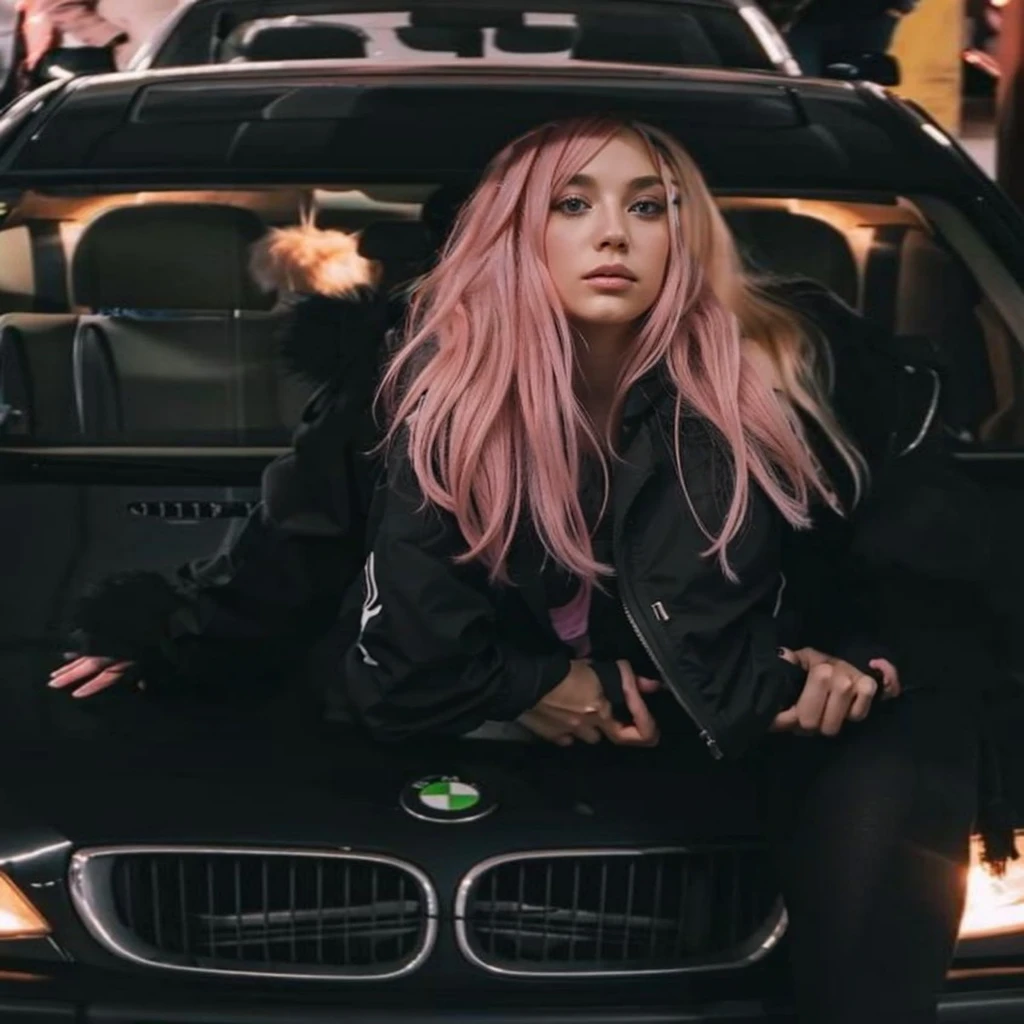 25-year-old Caucasian French girl with shoulder-length messy pink hair, adorned with ,  hair l . Captured in the best quality, this illustration serves as a 4K wallpaper, black leggins, black jacket