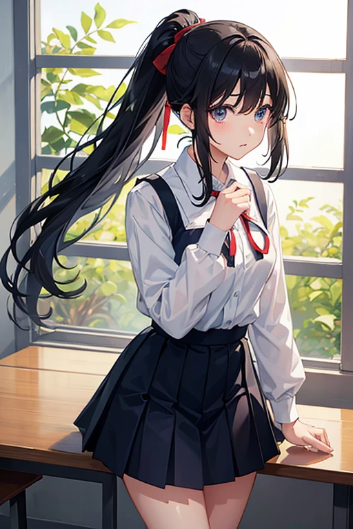 By the window of a classroom、Stand up straight、With your head slightly lowered、Staring out the window、Girls in uniform。The uniform、White blouse with navy blue pleated skirt、Tying a red ribbon。The collar of the blouse is slightly open、White skin peeking out from the neck。The skirt、Above the knee、The pleats are fine、It is carefully sewn。Girls、Long black hair tied in a high ponytail、Her bangs are slightly visible and are hanging over her eyes.。Big eyes, bright blue、It&#39;s just a little moist、I&#39;m fascinated by the view outside the window。His eyes are fixed on the distance,、Her cheeks are slightly red、Biting my lip lightly。From under the skirt、A little bit of her white panties are showing。Girls、With a slightly nervous look、Both shoulders are slightly rounded。Her legs are、Standing naturally、Standing on tiptoes。

The light comes in through the window、It casts a soft shadow on the girl&#39;s hair and uniform.。In the classroom、Wooden desks and chairs are lined up.、On the blackboard「Today's challenge is〇〇is」The word is written。On the desk、Textbooks and notebooks are placed、Next to the girl、There is an empty coffee cup。

The entire image is、Bright、In a warm atmosphere、The girl&#39;s slightly nervous expression and、From a gaze gazing into the distance、Like I&#39;m expecting something、That feeling is conveyed。

(picture detail)

* The number of fingers is exactly、Joints are naturally shaped。In the palm of your hand、As you can see, I&#39;m a little sweaty.。
* The hair is smooth and shiny、Image of something fluttering in the wind。By the way the light hits、So that you can see the three-dimensionality of your hair。
* The texture of the uniform is well expressed.、Makes wrinkles and creases look natural。especially、Focus on expressing the pleats on the skirt。
* A girl&#39;s body、Carefully drawn down to the smallest detail、To make muscles and bones look natural。
* Background、A classroom-like atmosphere、Wooden desk and chair、Drawing on a blackboard etc.。On the desk、Textbooks and notebooks are placedている。
* The light source is the light coming in through the window.、Cast natural shadows on the girl&#39;s body and background。Be aware of the intensity of light and the shade of shadow。
* Overall、Bright、A warm atmosphere。The color usage is、In pastel tones、For a gentle impression。