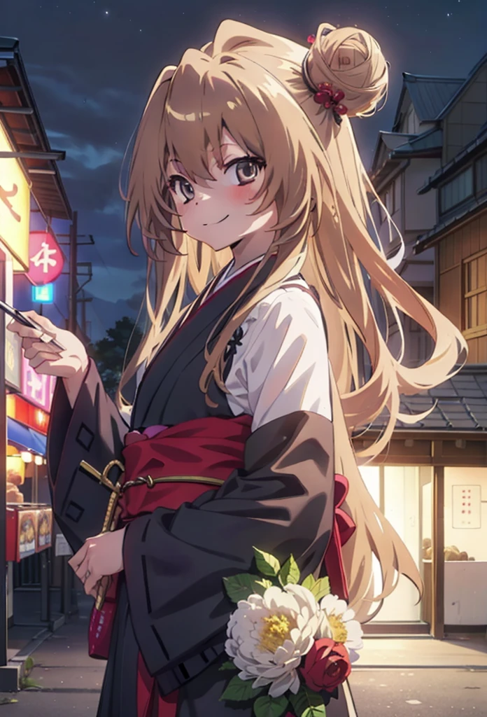 taiga aisaka, taiga aisaka, Long Hair, Brown Hair, Brown eyes,happy smile, smile, Close your mouth,Hair Bun, single Hair Bun,hair ornaments,Black kimono,Thick sleeves,,Japanese Festivals,Summer festival food stalls,Red lantern,night,As if your whole body is in the illustration,Walking, break looking at viewer, Upper Body (Cowboy Shot:1. 5),
break outdoors, Area,
break (masterpiece:1.2), Highest quality, High resolution, unity 8k wallpaper, (shape:0.8), (Beautiful attention to detail:1.6), Highly detailed face, Perfect lighting, Highly detailed CG, (Perfect hands, Perfect Anatomy),