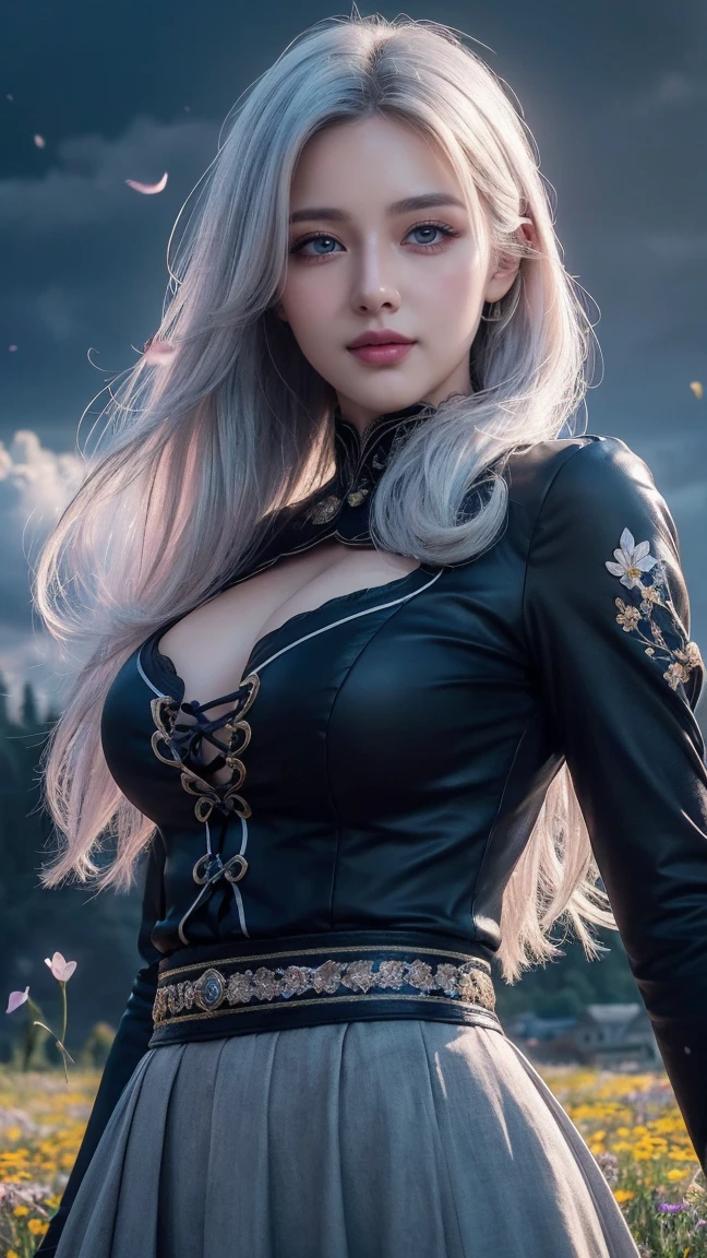 masterpiece, best quality,, 1girl, (colorful),(finely detailed beautiful eyes and detailed face),cinematic lighting,bust shot,extremely detailed CG unity 8k wallpaper,white hair,solo,smile,intricate skirt,((flying petal)),(Flowery meadow), sky, cloudy_sky, building, moonlight, moon, night, (dark theme:1.3), light, fantasy,