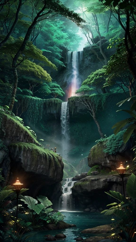 Envision a civilization near a glowing waterfall in a lush forest. Fantasy, another dimension. Hyperrealistic, UHD, HD, 8K,  