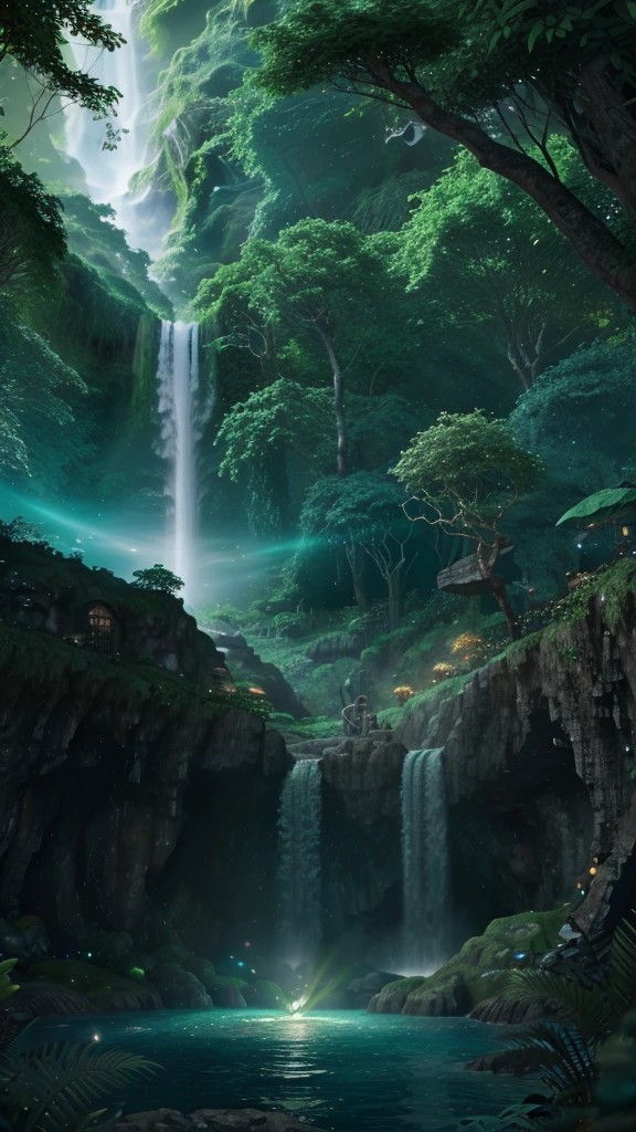 Envision a civilization near a glowing waterfall in a lush forest. Fantasy, another dimension. Hyperrealistic, UHD, HD, 8K,