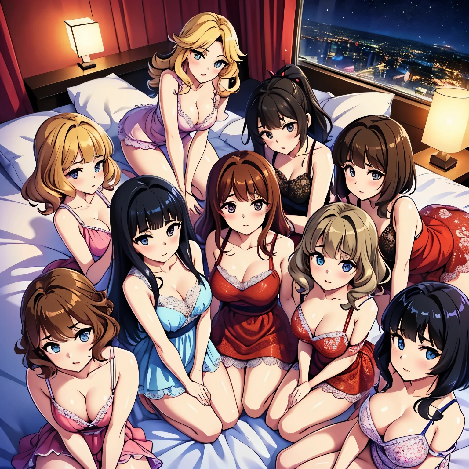 7girls wearing short glossy colorful nightwear, (ultra short dress with lace), quartet,squad,cowboyshot,pov,beautiful detailed eyes, detailed lips, long eyelashes, bright and vibrant colors, natural lighting, night, bedroom, different hairstyles, (brown hair | red hair | blonde hair | black hair), (short hair | long hair | curly hair | straight hair | medium hair | ponytail) beautiful, 4k