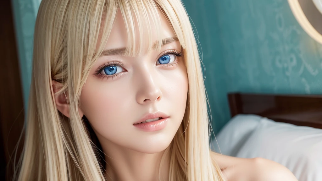 Close-up of face、Very long、Shiny、Light blonde hair、Very soft blonde hair、Hair blowing in the wind、Very large, bright, light blue eyes、Very large eyes、Long bangs between eyeuste pieces、Highest quality、An illustration、Super detailed、Fine details、High resolution、8K デンデ wallpaper、Perfect dynamic composition、Beautiful detailed eyes、Hotel(Bed)、Sexy Face、A face of ecstasy、From the face of someone who is at the peak of sexual arousal、White and beautiful skin、Cheek glow is highlighted