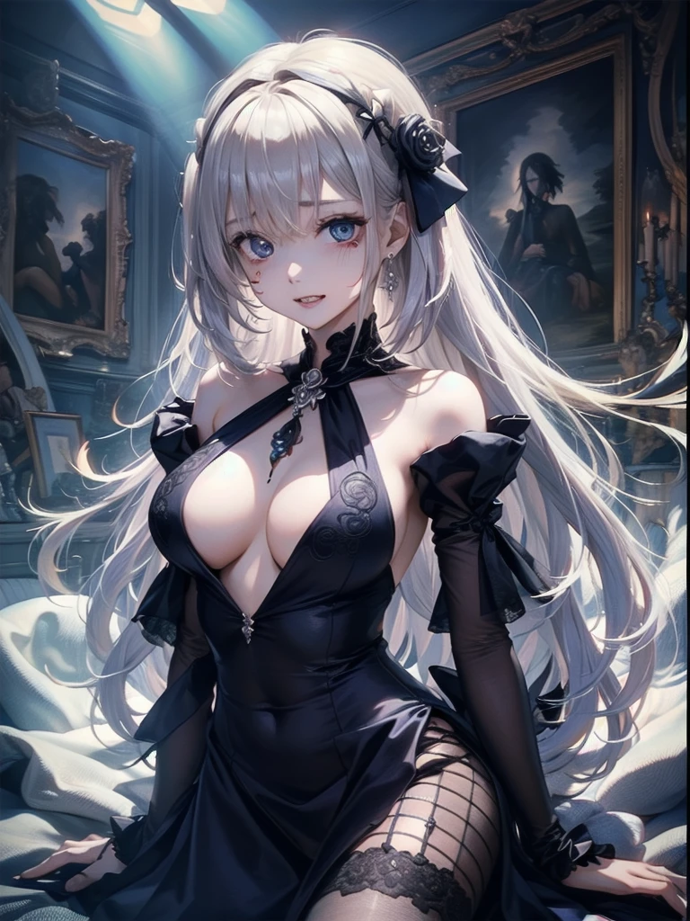 Official Art, ヨーロッパのmasterpiece女性,, Light silver hair , Blue Eyes, (masterpiece、Highest quality、High resolution: 1.4),In 8K, Anime Art Nouveau, Very detailed fan art, Anime fantasy illustration, clean Detailed anime art, Detailed anime art, Sharp focus of a person, delicate Beautiful Hair and Eyes and Face, Realistic, Ultra-detailed, garden,((delicate, delicateで可愛いhand)),((Elegant shiny dress)),((Lots of races)),((Lots of frills)),((Lots of ribbons))　Crazy Smile, 狂ったeye, A cute and luxurious hair band,(masterpiece:1.2, Highest quality), (Actual Photos, Intricate details), Scary atmosphere、Distorted facial expressions、Horror Art、Bloodの雨、Bloodを流す、Bloodしぶき、悪魔のeye、redいeye、scar、、火scar、whole body、Torn hair of a woman dressed in slave clothing、（Long Hair）、（eyeにかかる長さの前髪）、Black Hair、（（（eyeの下のクマ）））、青白いskin、Feeling unwell、Pathological、邪悪な笑face、狂ったeye、（Grin）Dramatic makeup，Create mixed media art、White Background(zombie:1.2),Horror 1 Girl, Open_mouth, , red_eye, Blood, Tilt_red_skin, Injury, Blood_in addition_face, Bandaged_arm, Blood_in addition_zombie, Blood_in addition_hand　, Open your eyelids wide, The trend is all, mouthを大きくOpen, mouthを開けてteethをむき出しにする,獣のような鋭いteeth, Wide lips, 非常に広いmouth, Vermilion cheeks, blonde, Princess Cut, Ribbon hair ornament, brooch, Shiny candy blue dress, Gold embroidery,Lolita Style, Gothic style, Otaku Room, Well-built body, Nice body, Ample breasts, Thick body,eyeを大きく開いて、Scary atmosphere、Distorted facial expressions、ねじれた笑face、Bloodまみれの、頭からの出Blood、Bloodしぶき、whole body、Long Hair、Long bangs、Well-built,Nice body,Broad shoulders,I focus,(face),Messy Hair,いeye,(光るeye),(Bloodしぶき:1.6),red信号,笑face,big 笑face,teeth,psycho 笑face,gesugao,Dark city background,darkness,night,(close),良いeye, 良いteeth,サディスティックな笑face,,all,光沢のあるskin,詳細なface,Beautiful body,　whole bodyから湯気が出ている　Steam like a sauna room fills the screen...　mouthからの白い息　Luxurious lace long gloves