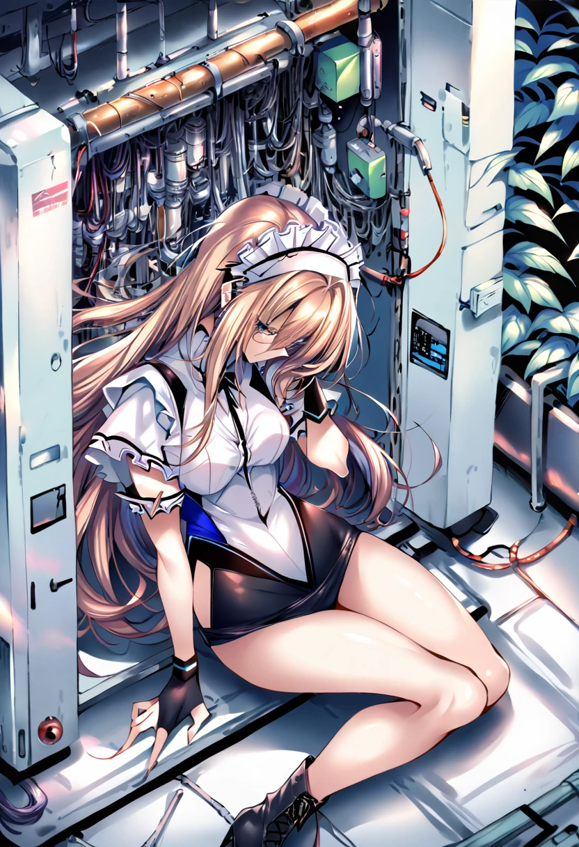 (Perfect Anatomy:1.2, Highest quality),(Maid leotard details:2.0),One Girl,alone,Long Hair:1.5, (Short sleeve, Thighs,Maid Cufflinks),,(High heel lace-up boots:1.4), (Without skirt:3.0),Dark aura,Leotrad,,love for viewers,Look down,(at a research facility:1.8),full body