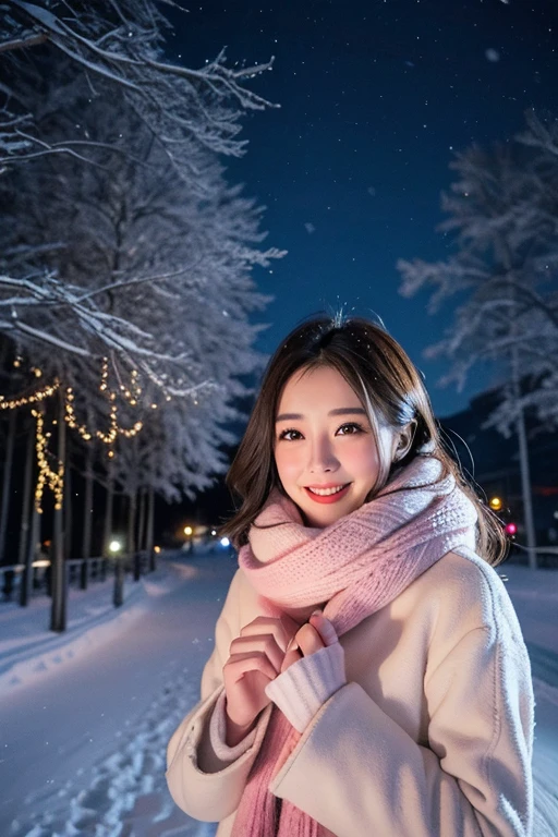 (Highest quality、masterpiece、8K、Best image quality、Hyperrealism、Award-winning works)、1 Girl、(Elegant fur coat:1.1)、(The perfect pink scarf:1.1)、Soft and delicate light、Dramatic lighting、Romantic snowy night city、Romantic Christmas illuminations、Beautiful night view of a snowy city、The biggest smile looks at me、Sparkling fine snow、Beautiful snow reflecting light、Diamond dust、(Tyndall effect:1.1)、Beautiful snowy scenery、(that&#39;it&#39;s snowing:1.1)、(Snow in the hair:1.1)、Accurate anatomy、(Face close-up:1.1)、Beautiful glossy lipstick, Natural Color、Natural Makeup、Glossy Lips、Ultra HD glossy skin、ultra high definition radiation, Beautiful Skin、Milky white moisturized skin、Beautiful Skin glow、超高精細のGlossy Lips、Ultra-high definition sparkling eyes、Beautiful perfect teeth in super high resolution、Please smile widely and show your beautiful teeth.