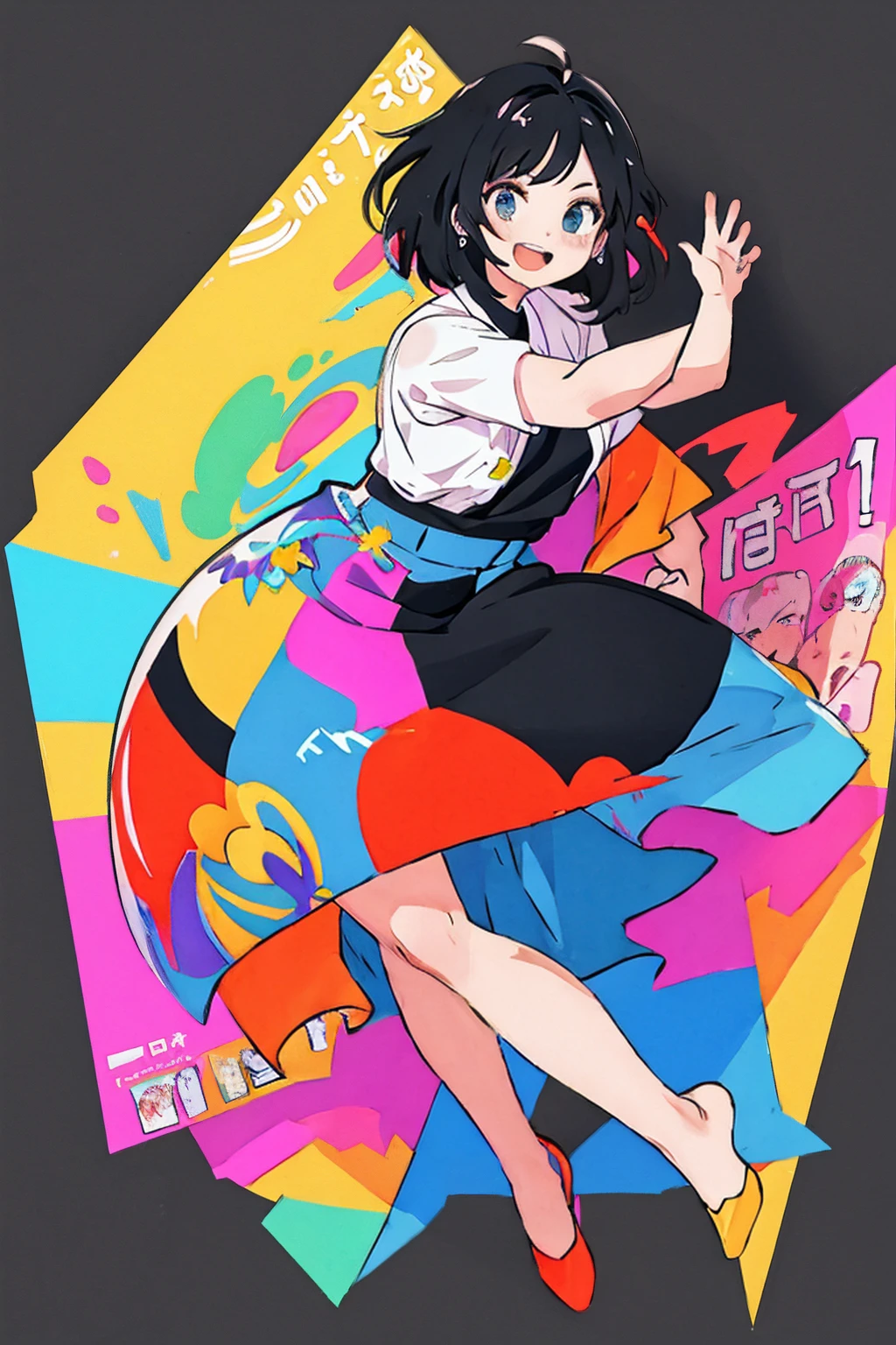 (Masterpiece,best quality),highres,extremely clear 8K wallpaper,high quality, detailed eyes, (illustration:1.1), colorful, vibrant colors, (outline:1.25), (better hand:1.25), (dynamic pose:1.25), beautiful face, open mouth, black hair solo,(1girl:1.5), (mj-tyg), (), full body, (plain background:1.25), poster
