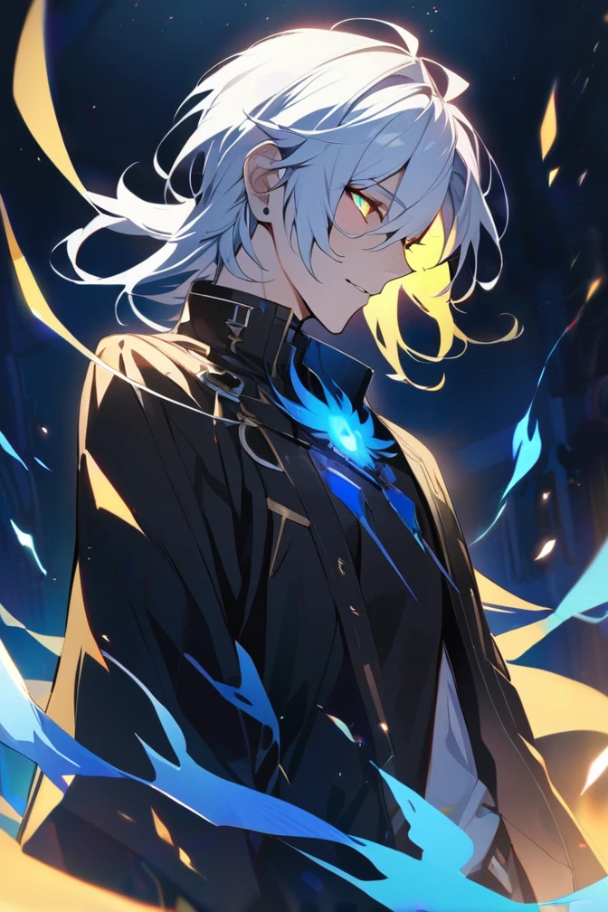 (masterpiece, best quality), detailed face, solo, 1man, messy short hair, bishounen, mad scientist, scientist coat, glasses, lens flare, maniacal smile, sharp eyes, glowing eyes, holding science test tube, perspective from above, in laboratory, dark shadows, contrast, science