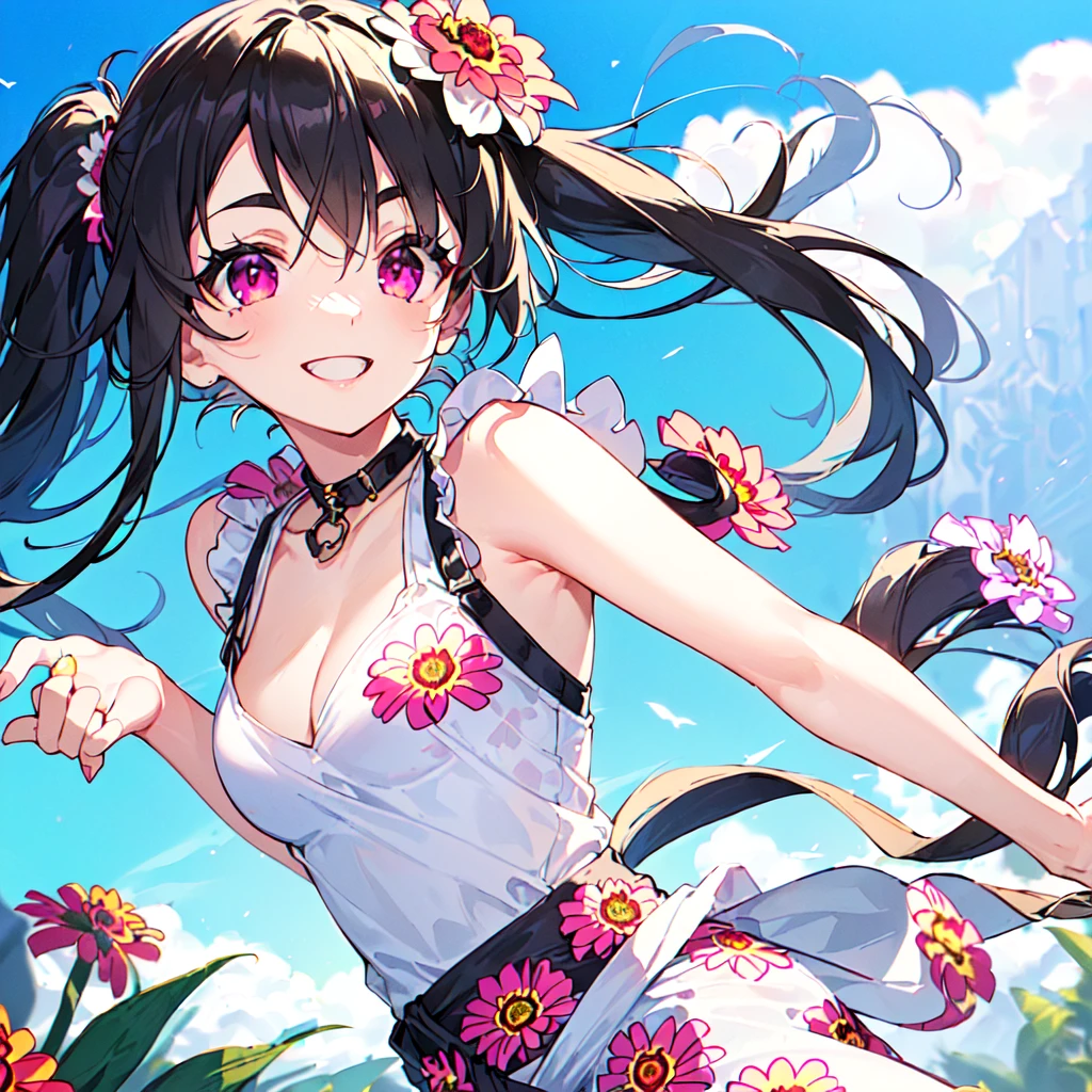 masterpiece, best quality, high quality, extremely detailed, very delicate and beautiful, (1 female 18 years old solo:1.5), (long black hair up to waist with two side up:1.5), bangs to eyebrows, eyes (eyes sharp, strong, glossy, glossy eyebrows, (eye color magenta:1.3), 6.5 head height, (zinnia flower print summer fashion:1.3), knee socks, lace, frills, (smiling), (running:1.3), (smiling), (dynamic pose), (background zinnia flower field:1.3), (blue sky:1.3), (upper body:1.3)