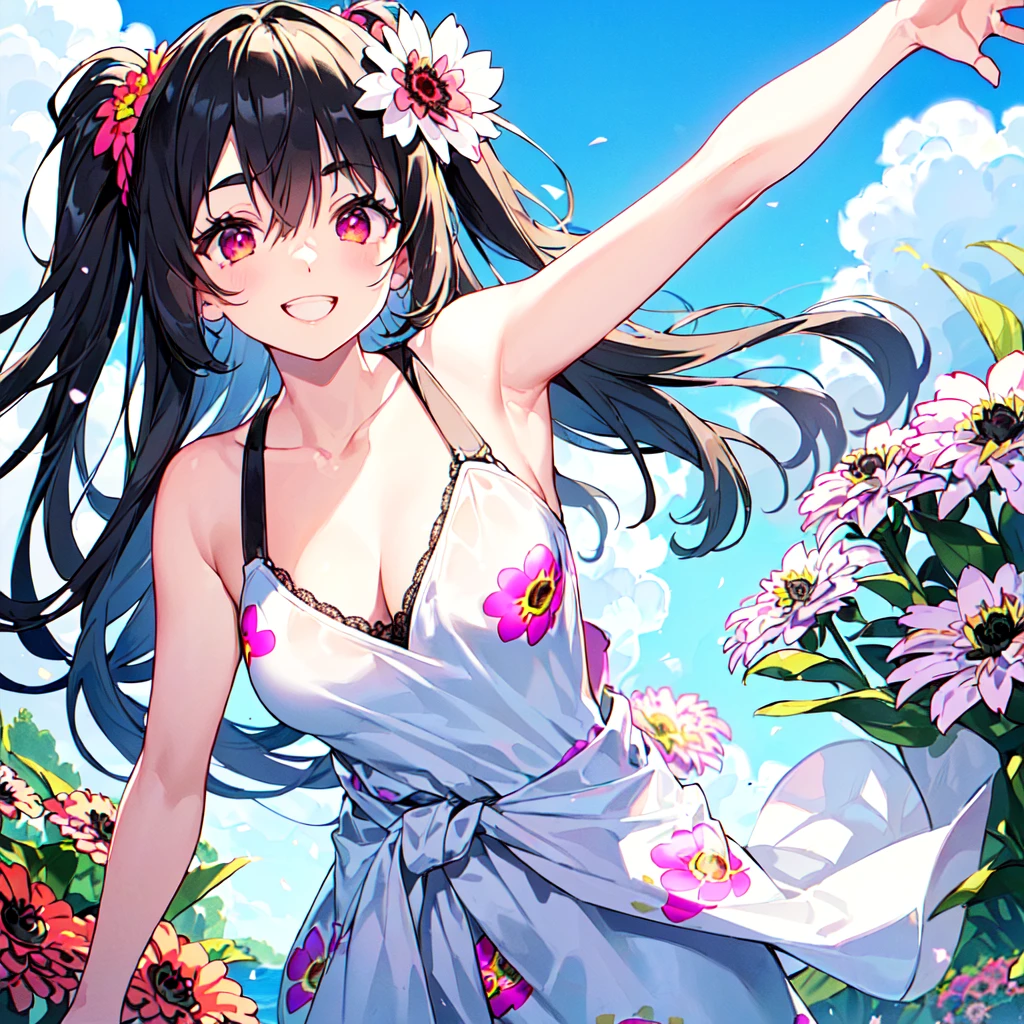 masterpiece, best quality, high quality, extremely detailed, very delicate and beautiful, (1 female 18 years old solo:1.5), (long black hair up to waist with two side up:1.5), bangs to eyebrows, eyes (eyes sharp, strong, glossy, glossy eyebrows, (eye color magenta:1.3), 6.5 head height, (zinnia flower print summer fashion:1.3), knee socks, lace, frills, (smiling), (running:1.3), (smiling), (dynamic pose), (background zinnia flower field:1.3), (blue sky:1.3), (upper body:1.3)