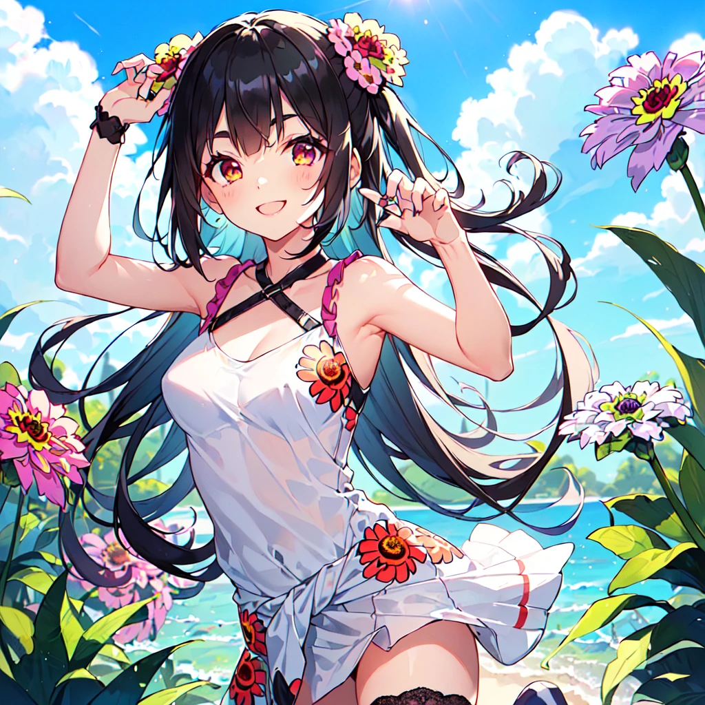 masterpiece, best quality, high quality, extremely detailed, very delicate and beautiful, (1 female 18 years old solo:1.5), (long black hair up to waist with two side up:1.5), bangs to eyebrows, eyes (eyes sharp, strong, glossy, glossy eyebrows, (eye color magenta:1.3), 6.5 head height, (zinnia flower print summer fashion:1.3), knee socks, lace, frills, (smiling), (running:1.3), (smiling), (dynamic pose), (background zinnia flower field:1.3), (blue sky:1.3), (upper body:1.3)