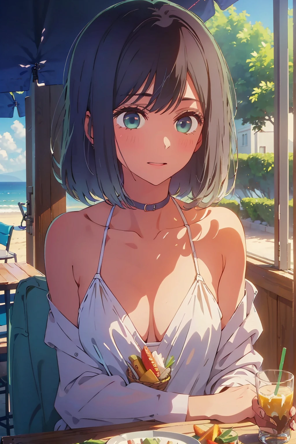 (Highest quality:1.4、masterpiece:1.4、Super detailed:1.4、8K:1.4)、((((1 person、Surprised expression、sit、Outdoor café terrace、coastal、juice、table、Sandy Beach、juiceのグラスを持つ、Plain Bikini、Very soft boobs、Big eyes、Very cute face))))、(moonlight:1.4、darkness:1.4)、F cup bust、Medium breast