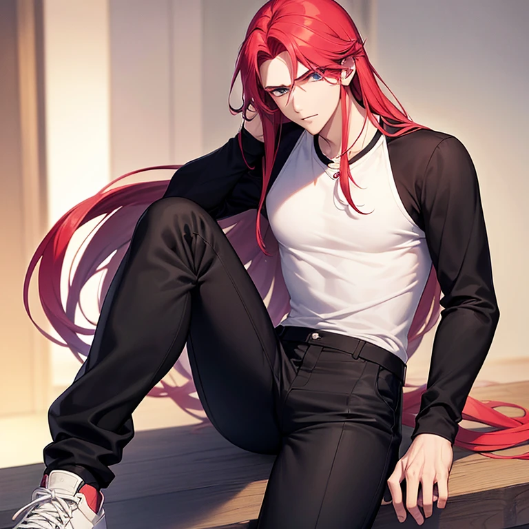 A tall young adult man, he has a strong yet slim build, with long red hair swept to the sides. His eyes are heterochromatic, cyan and pink respectively. His skin is light-toned, with a handsome and youthful face. He wears a white longline shirt and black pants, and on his feet, black sneakers.