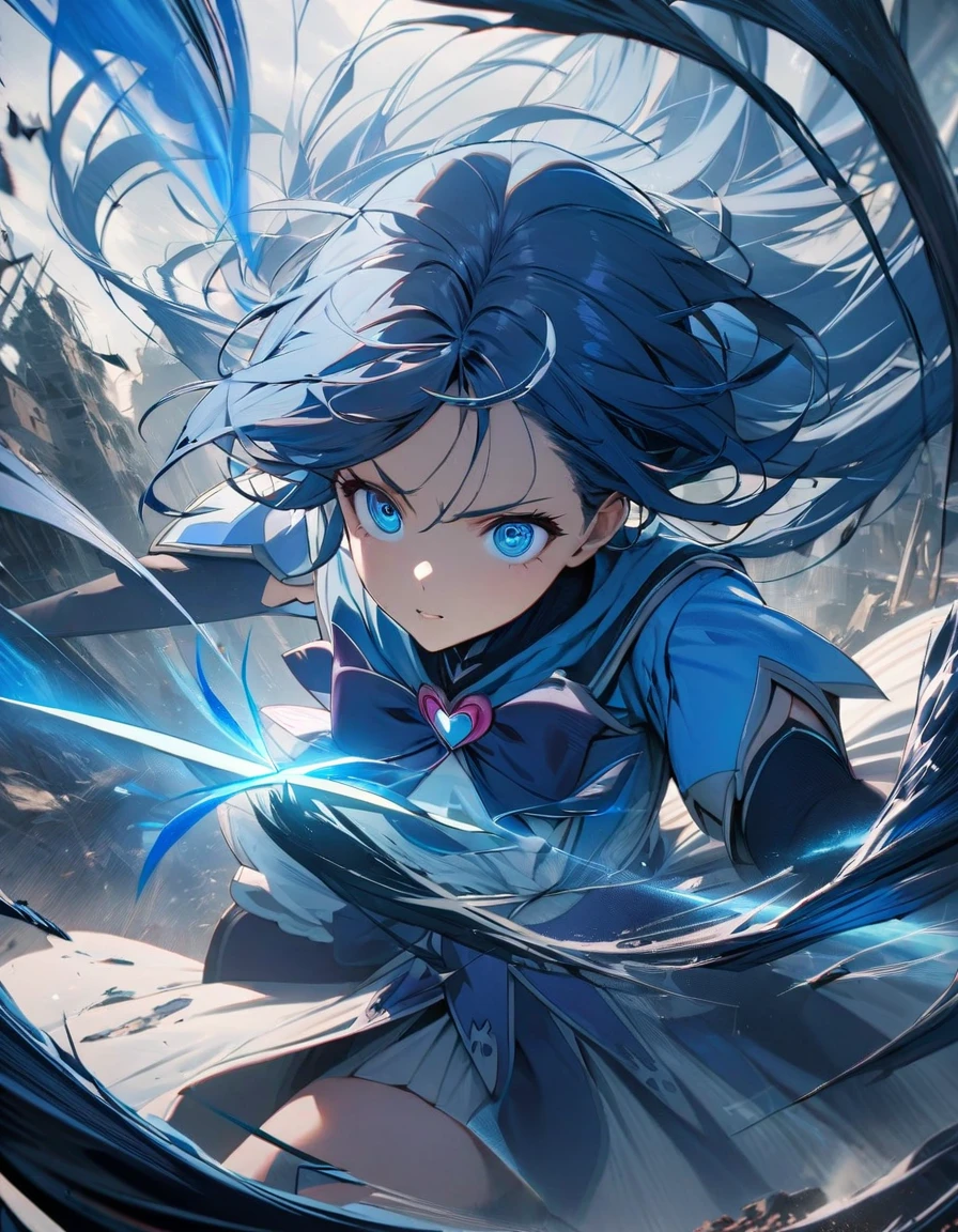 Portraiture, Long Hair, Navy Blue Hair, Detailed eyes in blue color, One Girl, head, face, Magical girl, Absurd, masterpiece, Highest quality, Magical girl costume, ((Magical girl)), short hair, Devastation, Remaining, Dynamic pose, Apocalypse, Casting a Spell, Style-Glass, Full Body Shot、Strong winds、