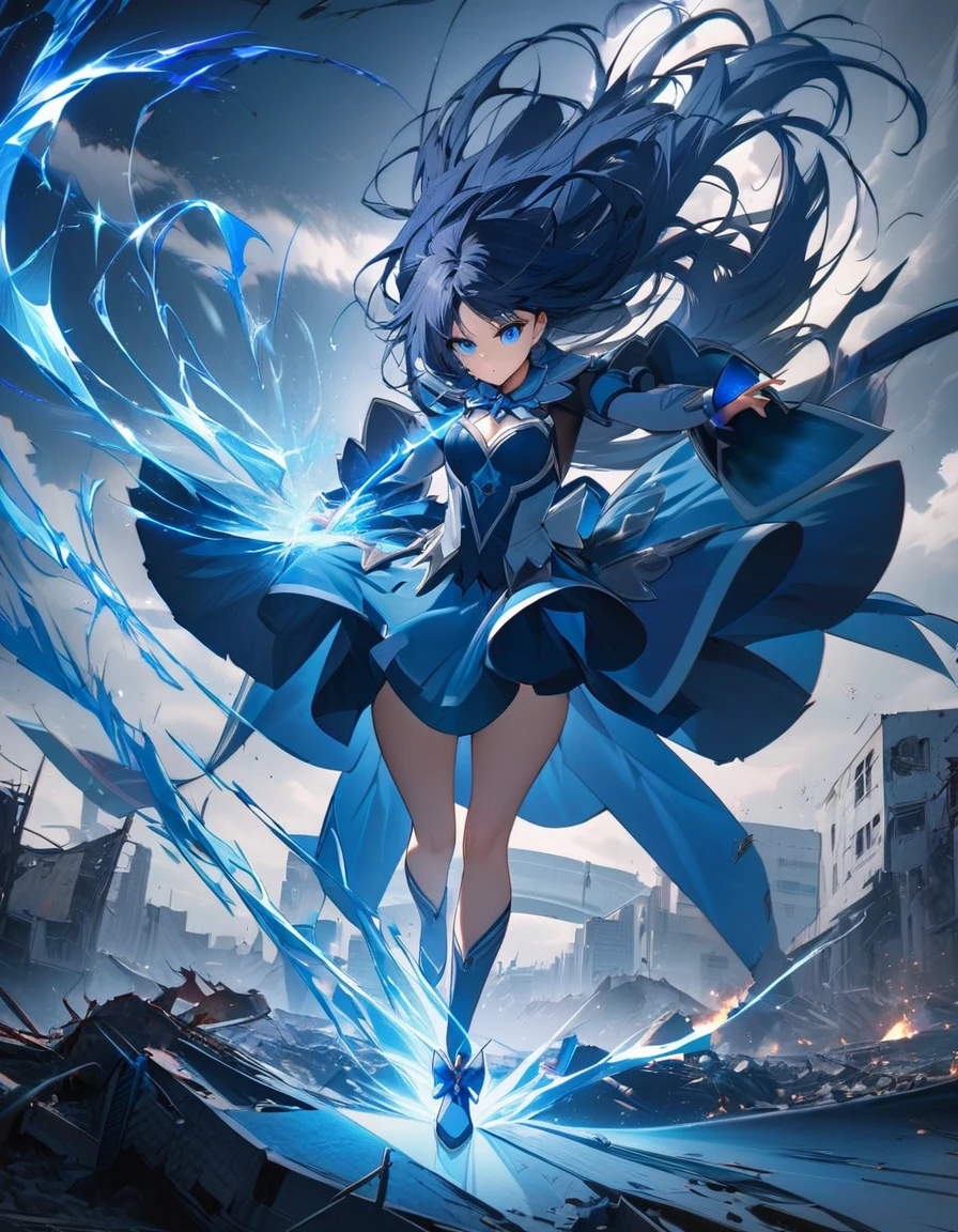 Portraiture, Long Hair, Navy Blue Hair, Detailed eyes in blue color,  One Girl, head, face, Magical girl, Absurd, masterpiece, Highest quality, Magical girl costume, ((Magical girl)), short hair, Devastation, Remaining, Dynamic pose, Apocalypse, Casting a Spell, Style-Glass, Full Body Shot、Strong winds、