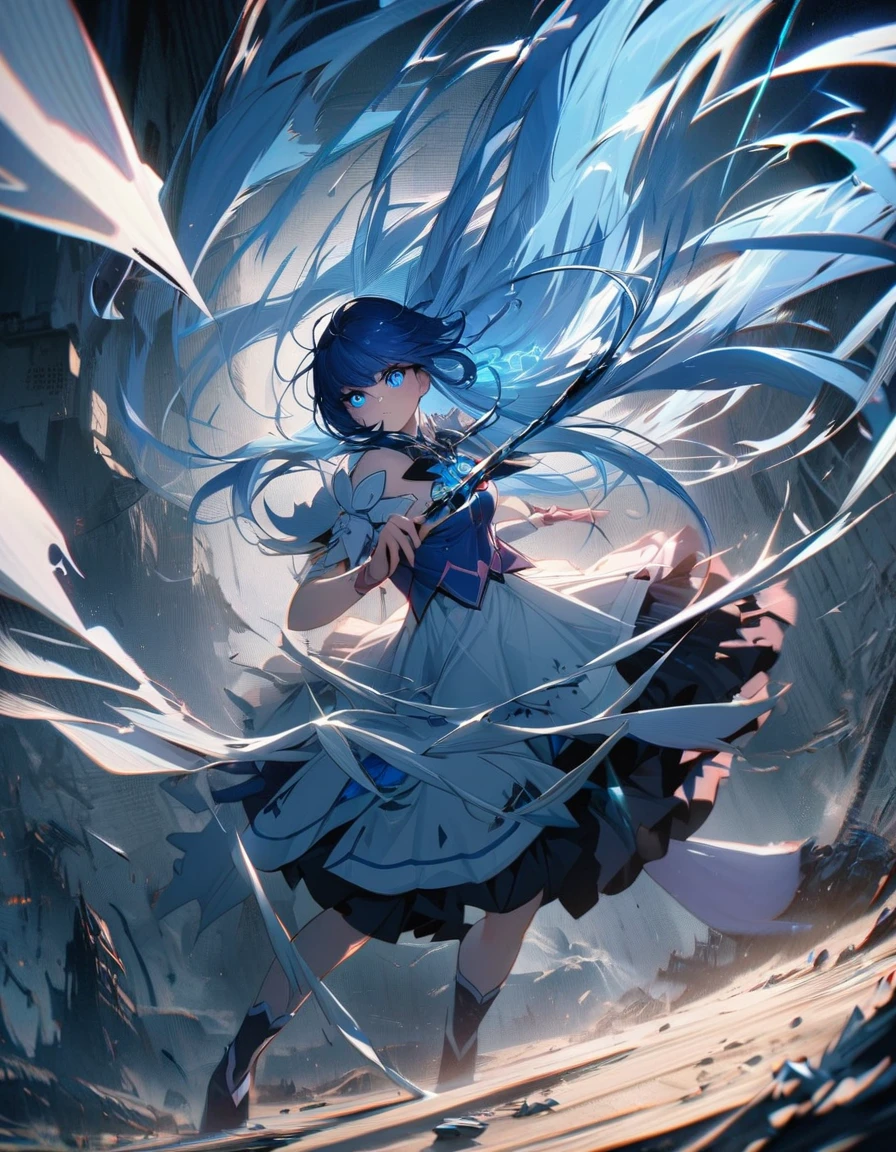 Portraiture, Long Hair, Navy Blue Hair, Detailed eyes in blue color, One Girl, head, face, Magical girl, Absurd, masterpiece, Highest quality, Magical girl costume, ((Magical girl)), short hair, Devastation, Remaining, Dynamic pose, Apocalypse, Casting a Spell, Style-Glass, Full Body Shot、Strong winds、
