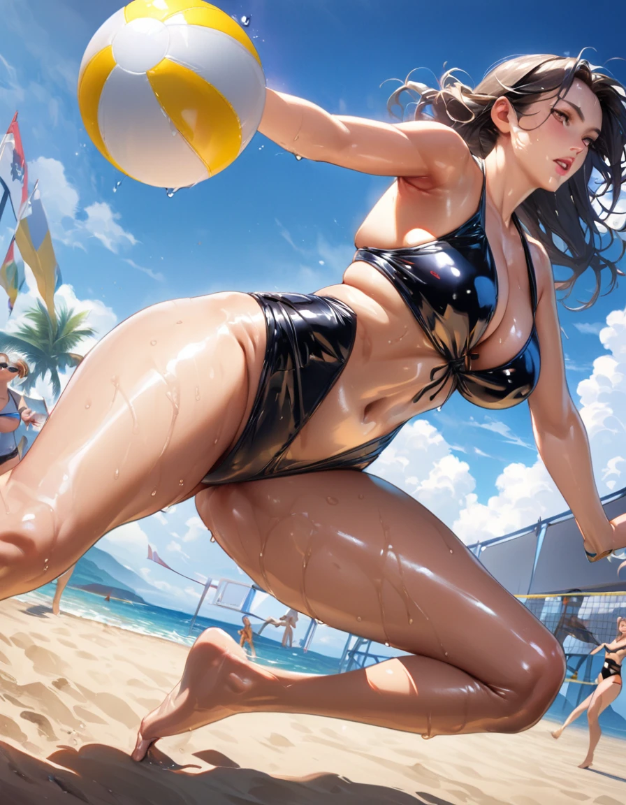 Young beautiful woman,(Highest quality,Extremely detailed depiction,Incredibly absurd high resolution,Anatomically accurate depiction,Two lovely hands, Five perfect fingers,Curvy Legs),(Glowing Skin,Shiny skin,Oilskin),Beach Volleyball,Latex Swimwear,There is cleavage in the chest,Glossy Lips,Flying beach ball,visor,Sweat,whole body,background:Beach Volleyballの会場,blue sky