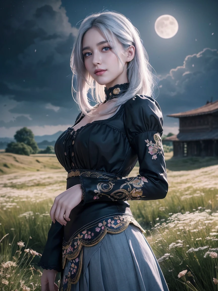 masterpiece, best quality,, 1girl, (colorful),(finely detailed beautiful eyes and detailed face),cinematic lighting,bust shot,extremely detailed CG unity 8k wallpaper,white hair,solo,smile,intricate skirt,((flying petal)),(Flowery meadow), sky, cloudy_sky, building, moonlight, moon, night, (dark theme:1.3), light, fantasy,