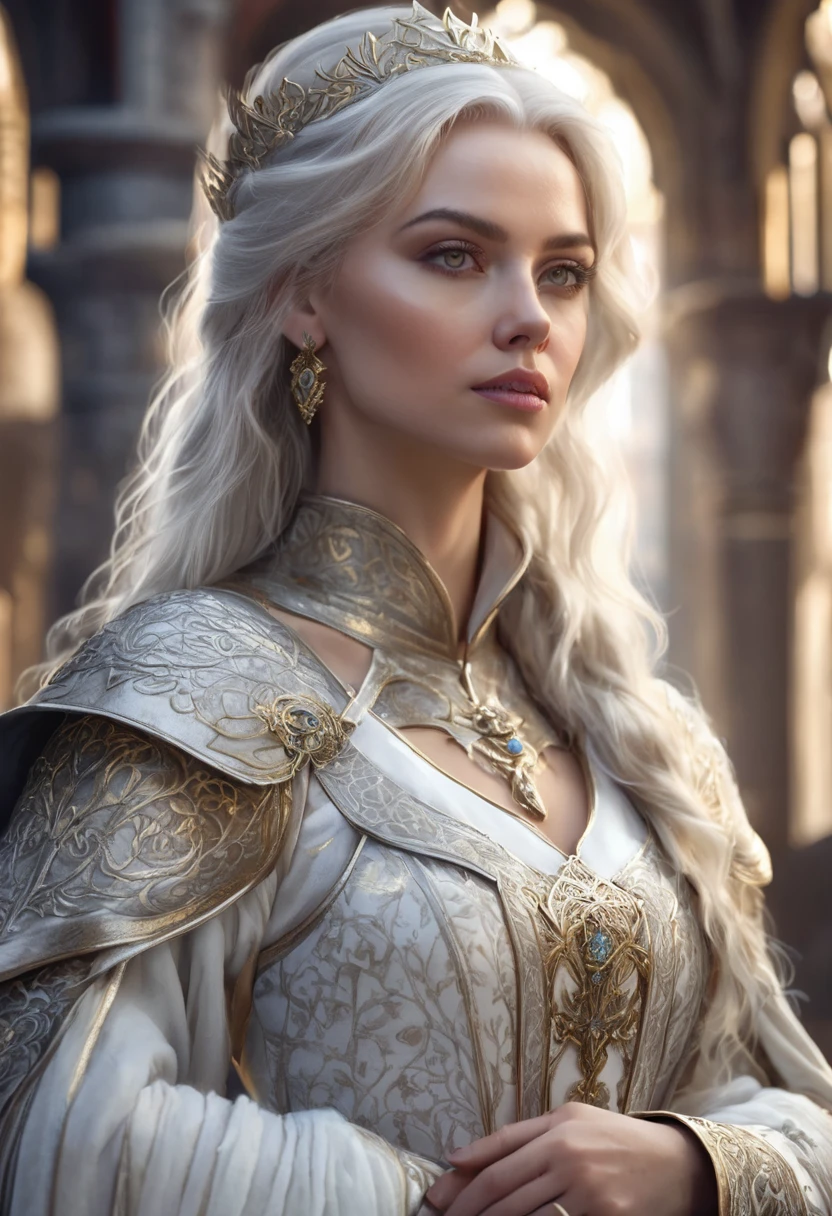 1 woman, inside a golden medieval castle, wearing medieval queen clothes of medieval white and silver colors, detailed facial features, light and feminine eyes, detailed light skin, tidy white hair, strong and serious expression, dramatic lighting, cinematic composition , cool color palette, atmospheric fog, beautiful face, thin chin, beautiful woman (best quality, 4K, 8K, high resolution, art: 1.2), ultra-detailed, (realistic, photorealistic, photorealistic: 1.37)