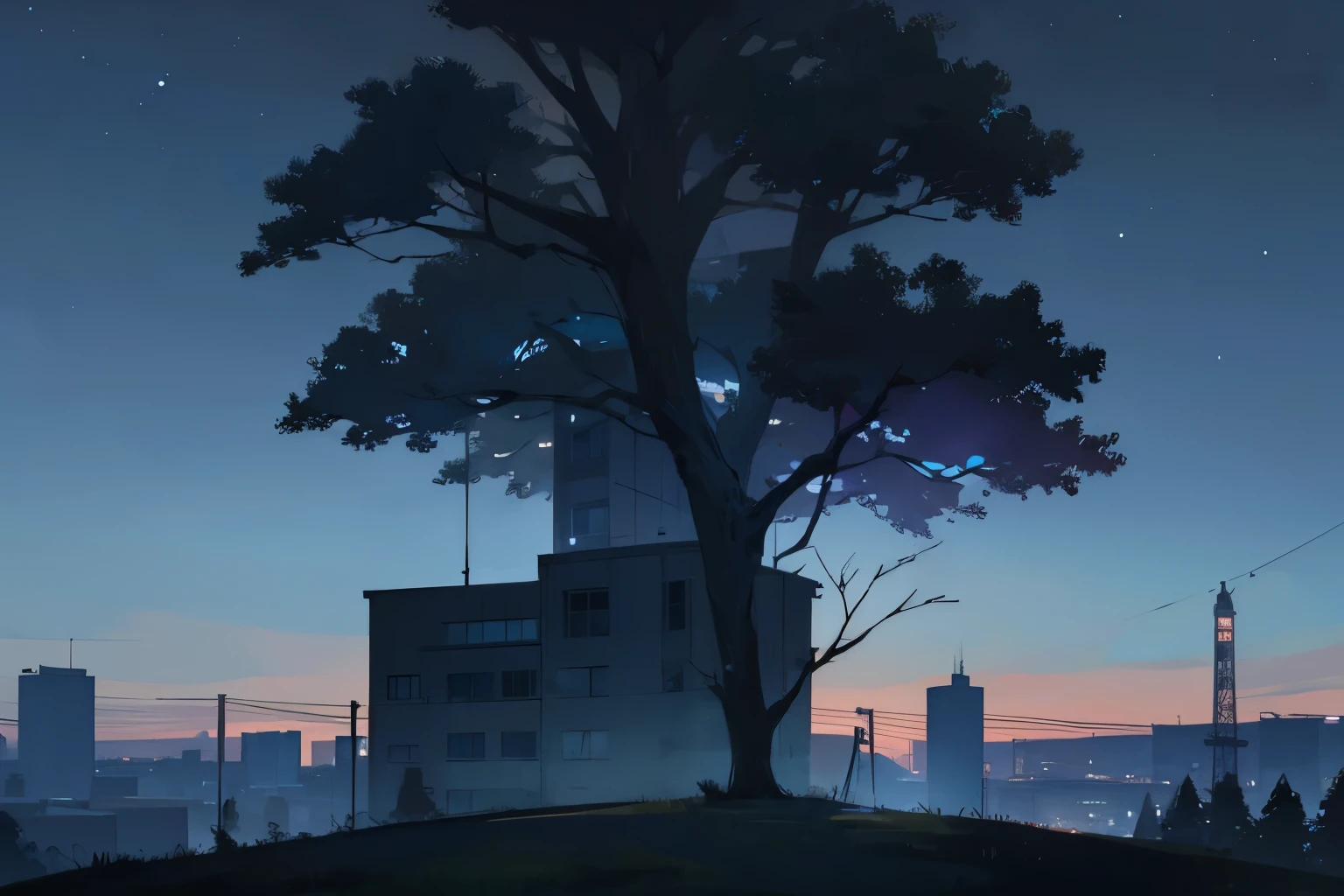 super high quality background night sky with couple of tree and some abondand building on the background no actors or human just astonising backround